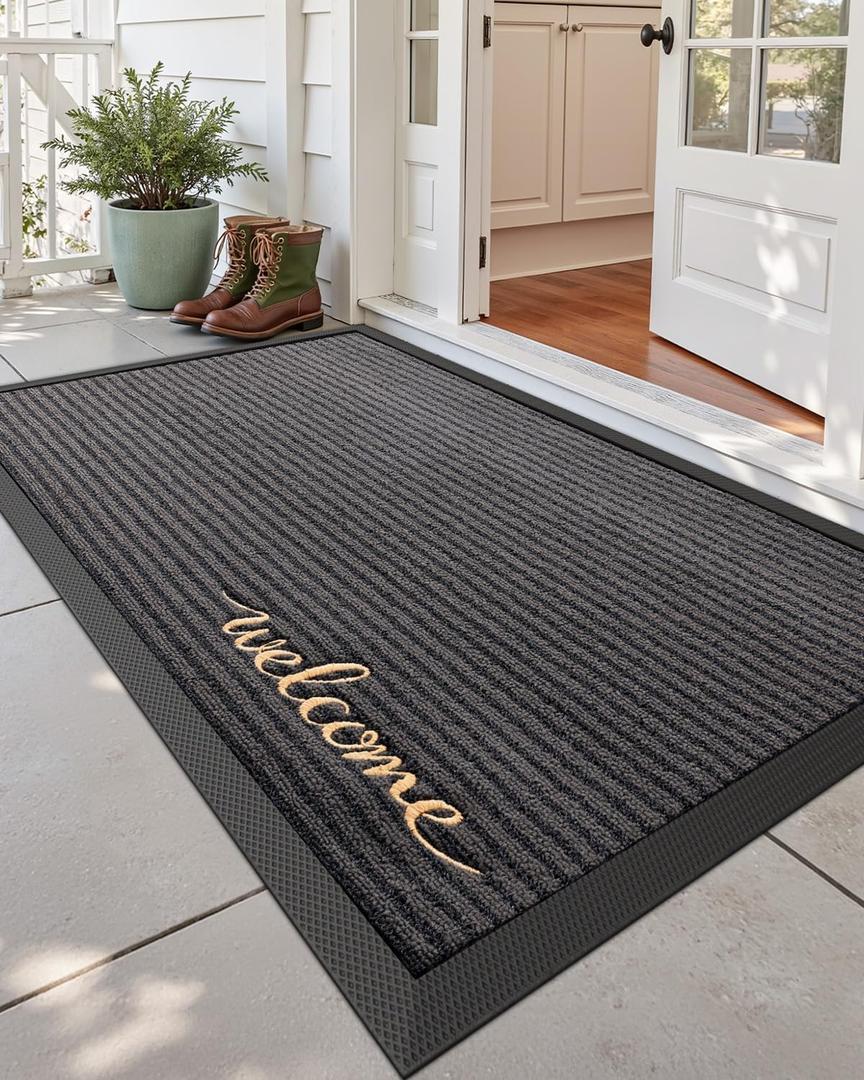 DEXI Front Door Mat Outside Entrance, 3x5 ft Rubber Entry Doormat Heavy Duty, Non Slip Welcome Mats for Inside House Floor Entryway Exterior Patio, Welcome Grey