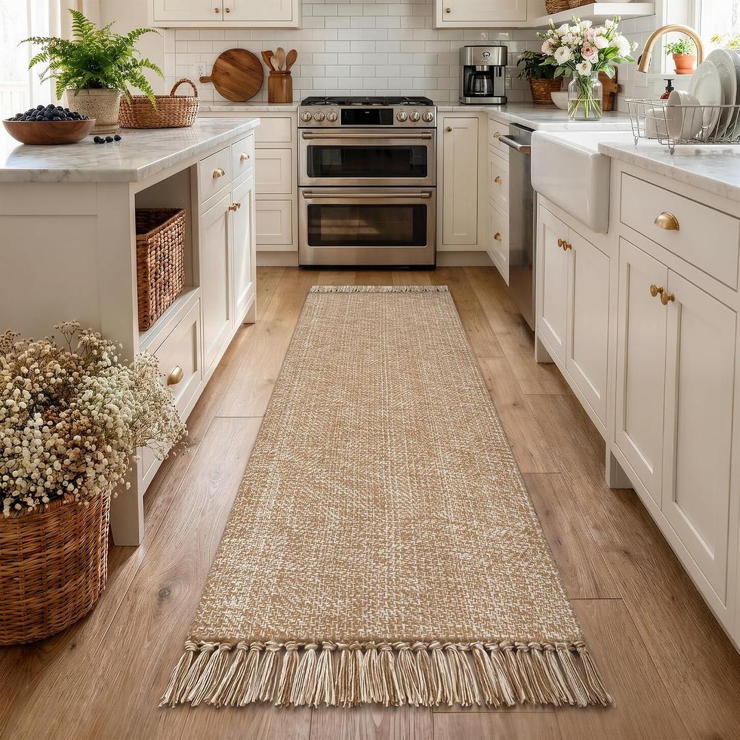 Collive Comfy Area Rug 27"x47", Tan/Cream Woven Cotton Bedroom Rugs, Modern Indoor Accent Rug Floor Carpet with Tassel for Living Room, Nursery Room, Dining Room, Bedside, Office, Patio Decor