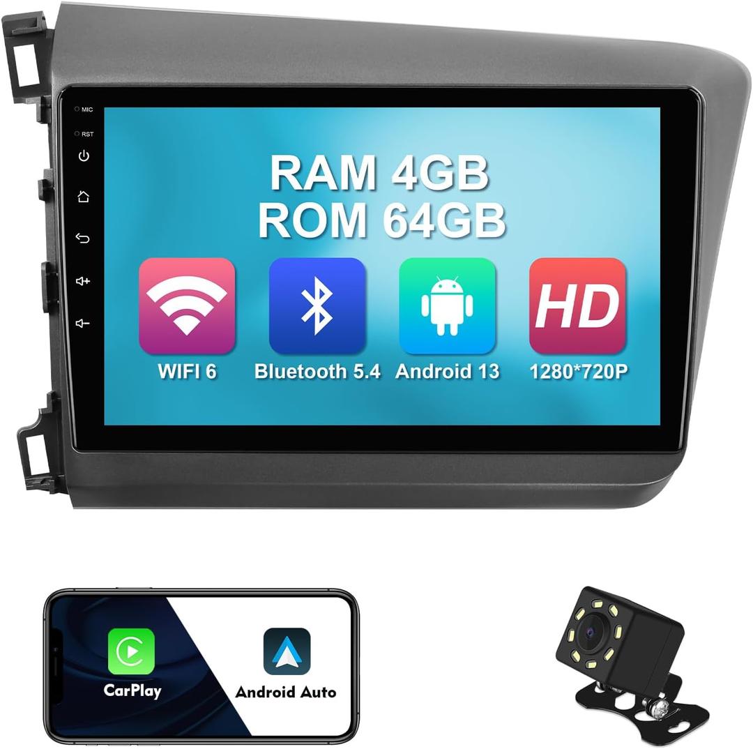 4+64G 9-inch Android 13 WiFi 6 Car Stereo for Honda Civic 2012-2015 IPS Touchscreen Screen Bluetooth 5.4 Car Radio with Carplay & Android Auto Support Backup Camera FM Navi SWC