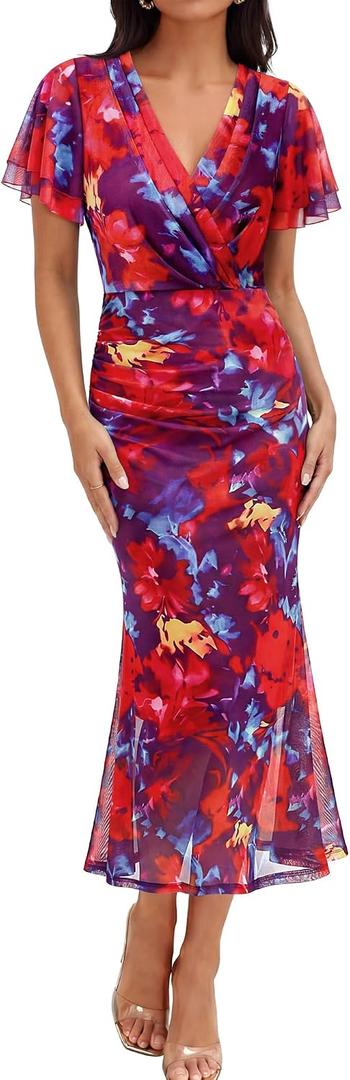 Gaharu Women's Summer Floral Bodycon Wedding Guest Cocktail Maxi Dress (Red, XXL)