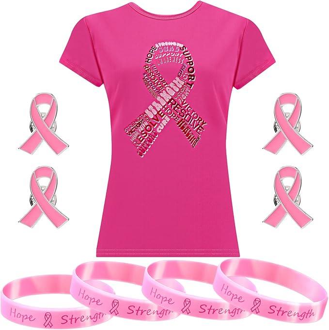 Cotwinter 1 Pcs Breast Cancer Shirts Pink Ribbon Pins and Bracelets Set for Women Breast Cancer Awareness Accessories (XL)