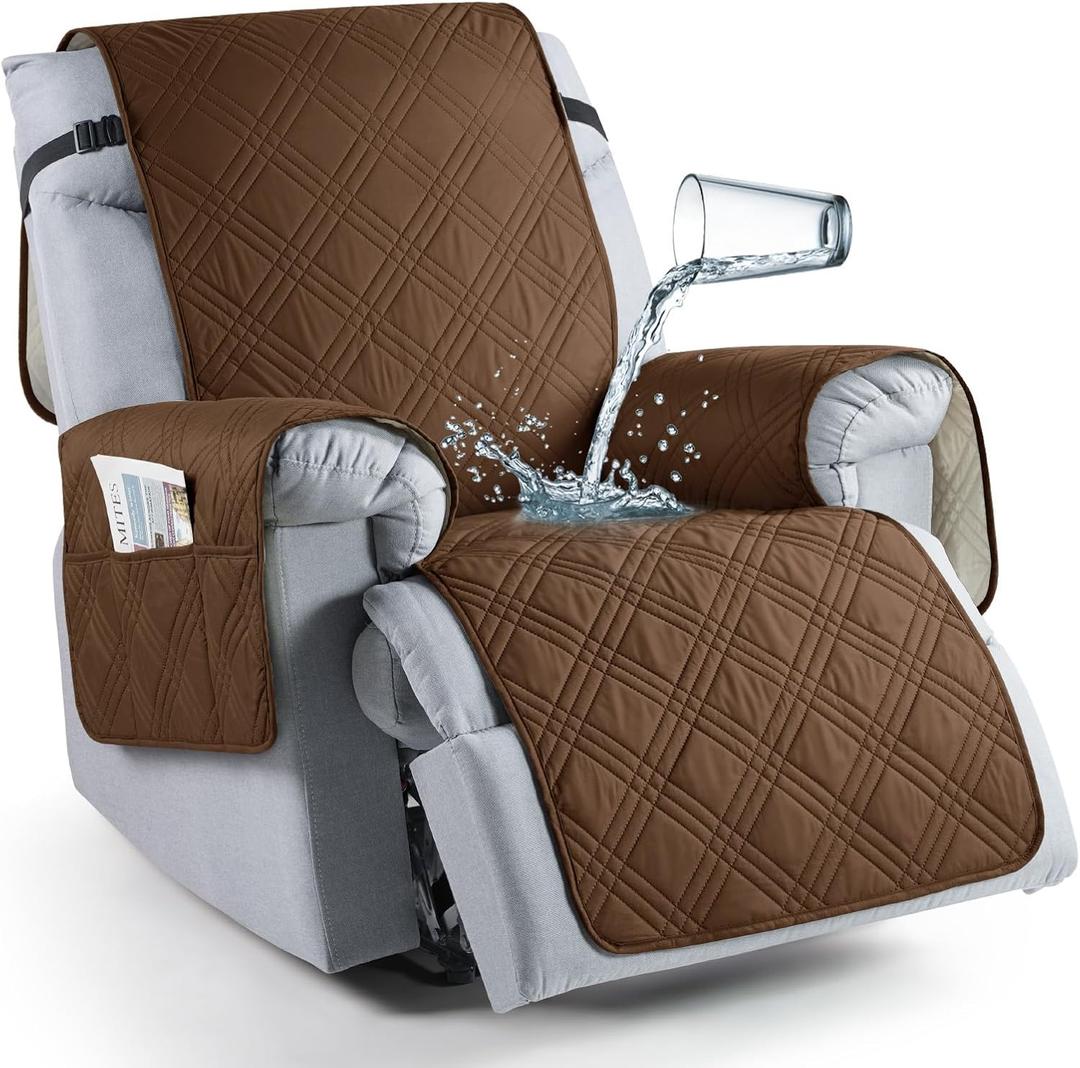 TAOCOCO 100% Waterproof Recliner Chair Cover, Non Slip Recliner Covers for Recliner Chair with Pocket, Washable Reclining Chair Cover Furniture Protector for Kids,Dogs(23.6'', Brown)