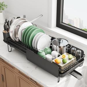 SNTD Large Dish Drying Rack - Expandable (19.3" to 29.4") Dish Rack for Kitchen Counter, Stainless Steel Dish Drainer with Utensil Holder, Pan Holder & Pot Lid Holder (Black) 12.7"D x 29.4"W x 7.9"H