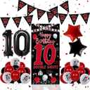 10th Birthday Decorations for Boys Girls, Double Digits Boy Red Black Happy 10th Birthday Decorations, 10 Year Old Birthday Door Banner Sign, Triangle Flag, Large 10 Balloons Decor Tenth Bday Party