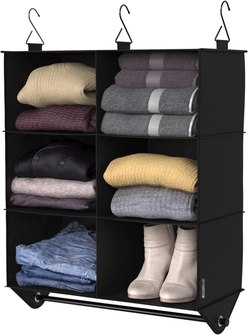 ClosetMaid 6-Shelf Fabric Hanging Closet Organizer with Garment Rod for Shirts, Sweaters, Pants, Hats, Shoes, Purses with Charcoal Black Finish
