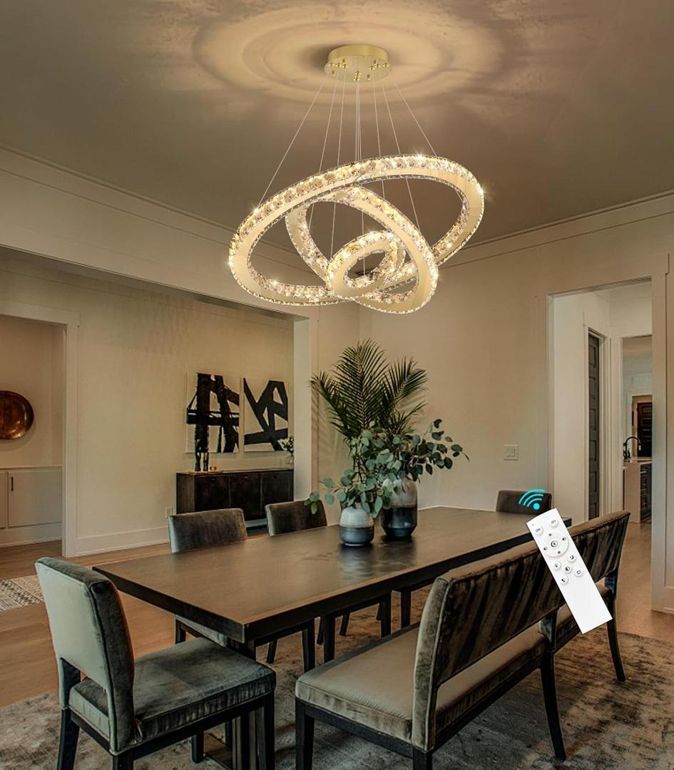 Modern Crystal Chandelier Dimmable LED Ceiling Light Fixture 3 Ring Adjustable Stainless Steel Chandeliers for Dining Room Living Room Bedroom Gold, 3-Ring 24"