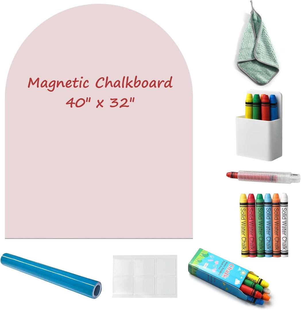 Magnetic Chalkboard Wall Decal 40"x32" - Upgraded Adhesive, Includes Wipe Cloth, Chalk Holder, 6 Dust-Free Chalks, Peel and Stick Blackboard Playroom, School, Home Decor (Pink)