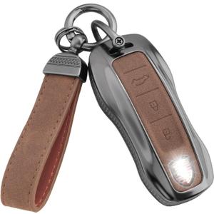 YO&YOYE Compatible with Porsche Key Fob Cover with Keychain Leather Key Case Protector Fit for Porsche Cayenne 911 Taycan Panamera, Brown