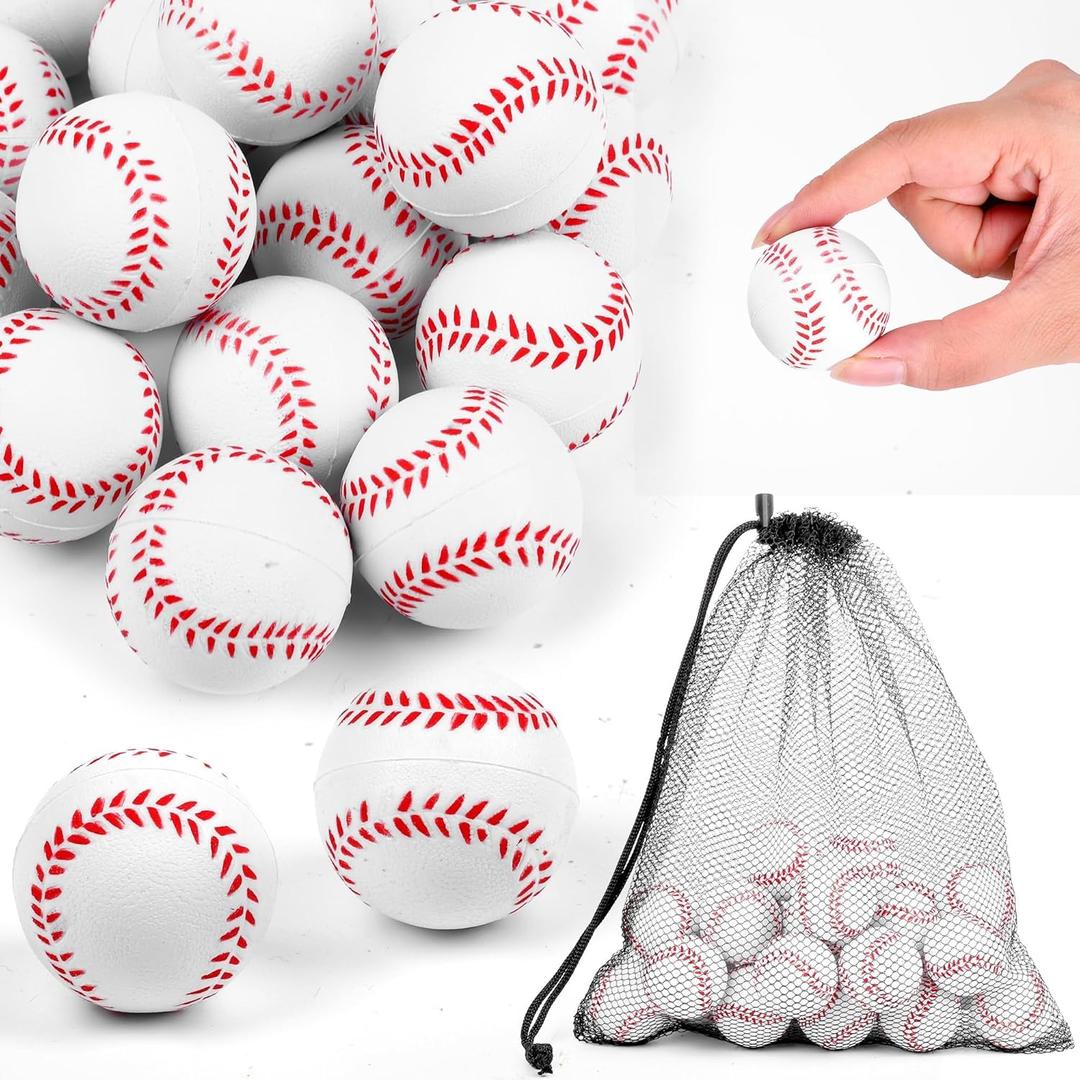 Aodaer 24 Pack Mini Baseball Stress Balls with Drawstring Mesh Bag Fidget Toys for Adults Soft Foam Balls for Sports Party Favor Gifts