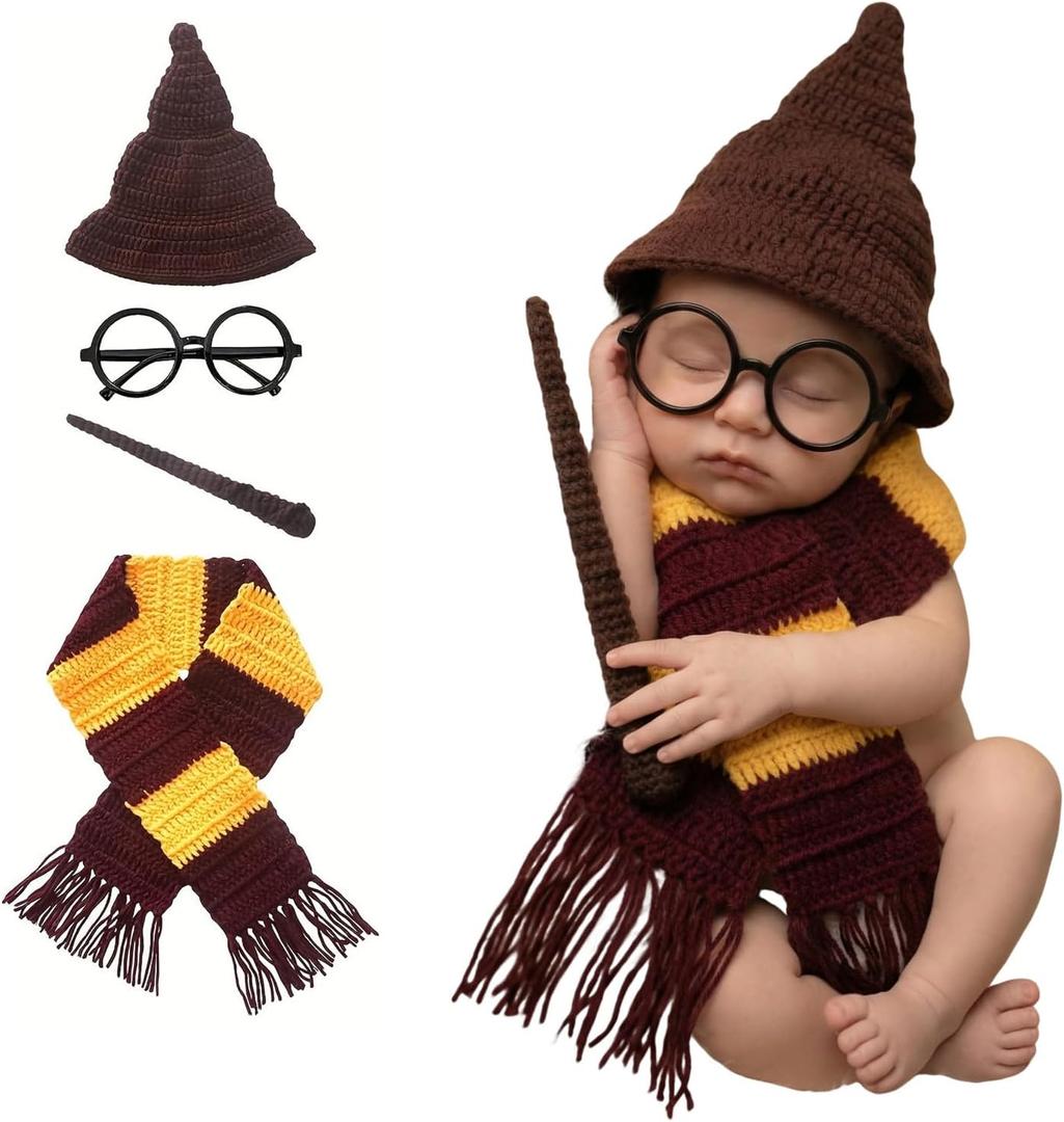 Newborn Photography Props Magic Wizard Witch Hat Scarf Wand Glasses Frame Decoration, 4 PCS Baby Halloween Photoshoot Propsy Outfits, Baby Cosplay Party Costume Supplies