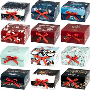 ARTLYMERS Christmas Gift Boxes with Lids, 12 Pack Gift Box and Red Ribbon Christmas Themed Pattern Small Gift Boxes for Xmas Presents Gifts Easy Assemble