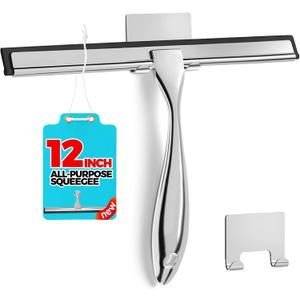 ALFLOD 12-Inch All-Purpose Shower Squeegee for Shower Doors, Tile Shower Walls, Bathroom, Window, Glass and Car Windshield, Mirrors and Kitchen-Stainless Steel, Silver