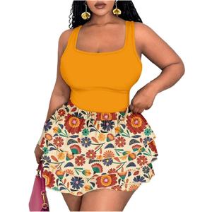 SOLY HUX Women's Plus Size 2 Piece Summer Vacation Outfits Floral Print Tank Tops and Ruffle Layered Shorts Set (4X-Large Plus)