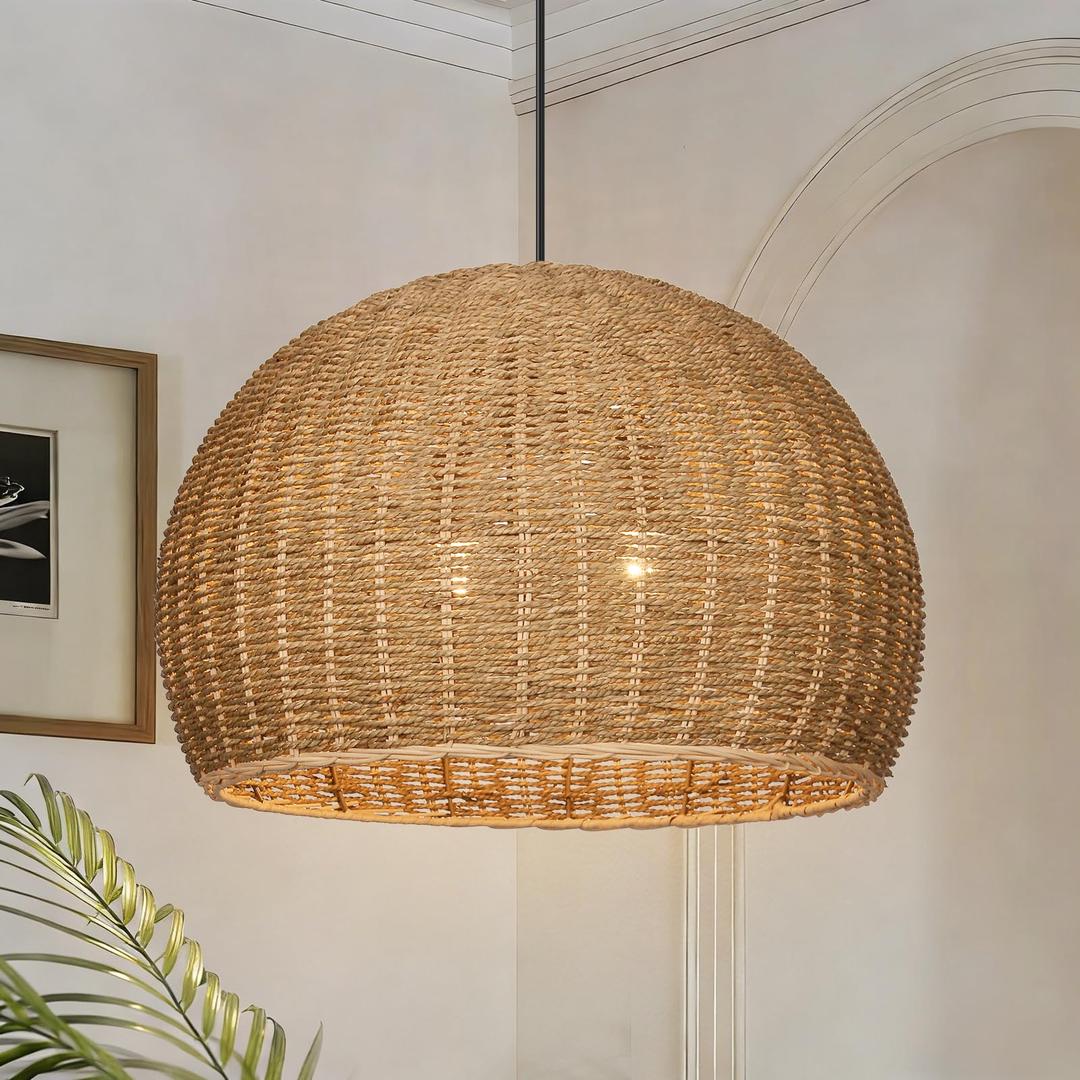 Arturesthome 2-Light Rustic Farmhouse Rattan Pendant Light,19.68in Large Dome Hand Woven Ceiling Mounted Rattan Chandelier,Coastal Beach Ceiling Hanging Light for Kitchen,Dining Room
