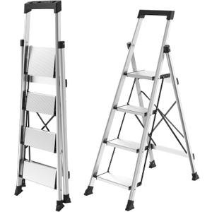 HBtower 4 Step Ladder, Lightweight Aluminum Ladders for Home with Tool Tray, Anti-Slip Folding Step Stool for Adults, Sturdy Portable 330LBS Capacity