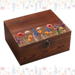 Gerrii Wildflower Wooden Keepsake Box Wedding Baby Shower Spring Flower Memory Storage Box with Buckle for Birthday Baby in Bloom Party(Wildflower Mix,Brown,11.02 x 8.86 x 4.92 Inches)