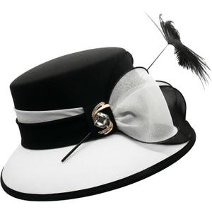 JUNE'S YOUNG Women Church Hats Formal Dress Derby Hats Elegant Bucket Hats (Black/white) Vintage 1920s Sunday Best Dress Hat with Feather & Floral Chiffon - Formal Wedding, Adjustable Fit