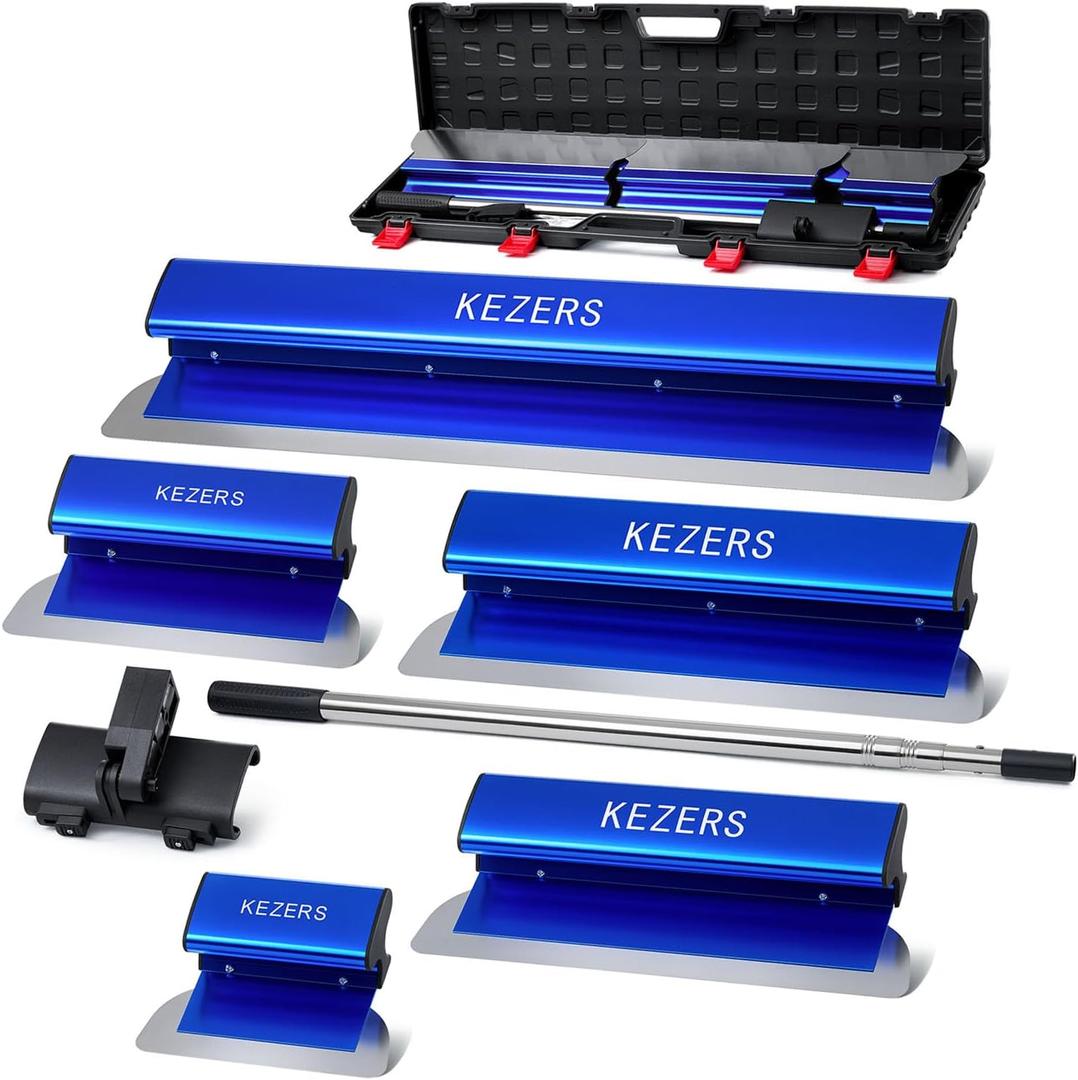 KEZERS Drywall Skimming Blade Set-7",10",14",16" & 24" Skimming Blades + 35"-81" Extension Handle, Stainless Steel Construction Knife,Smoothing Drywall Knife,Extruded Aluminum,High Impact End Caps