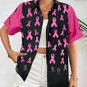 Breast Cancer Awareness Shirts Women: Pink Ribbon Graphic Top Breast Cancer Blouse Short Sleeve Button Down Tops (Small, Black)