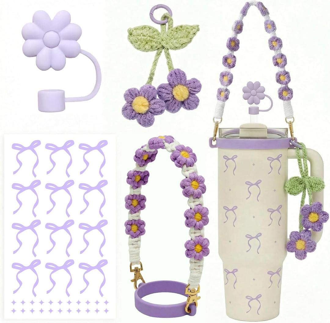Stanley Water Bottle Accessories Set for 40/30/20oz Tumbler, Including Flower Pruple Stanley Cup Handle Strap, Silicone Straw Topper Cover, Charm, Bow Sticker, Gifts for Girls Mom (Lilac)