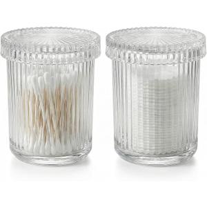 rejomiik Glass Qtip Holder Dispenser 2 Pack, Bathroom Canister Apothecary Jars with Lids, Vanity Makeup Accessories Storage Organizer for Cotton Swabs, Cotton Balls, Pads, Floss Picks, Clear