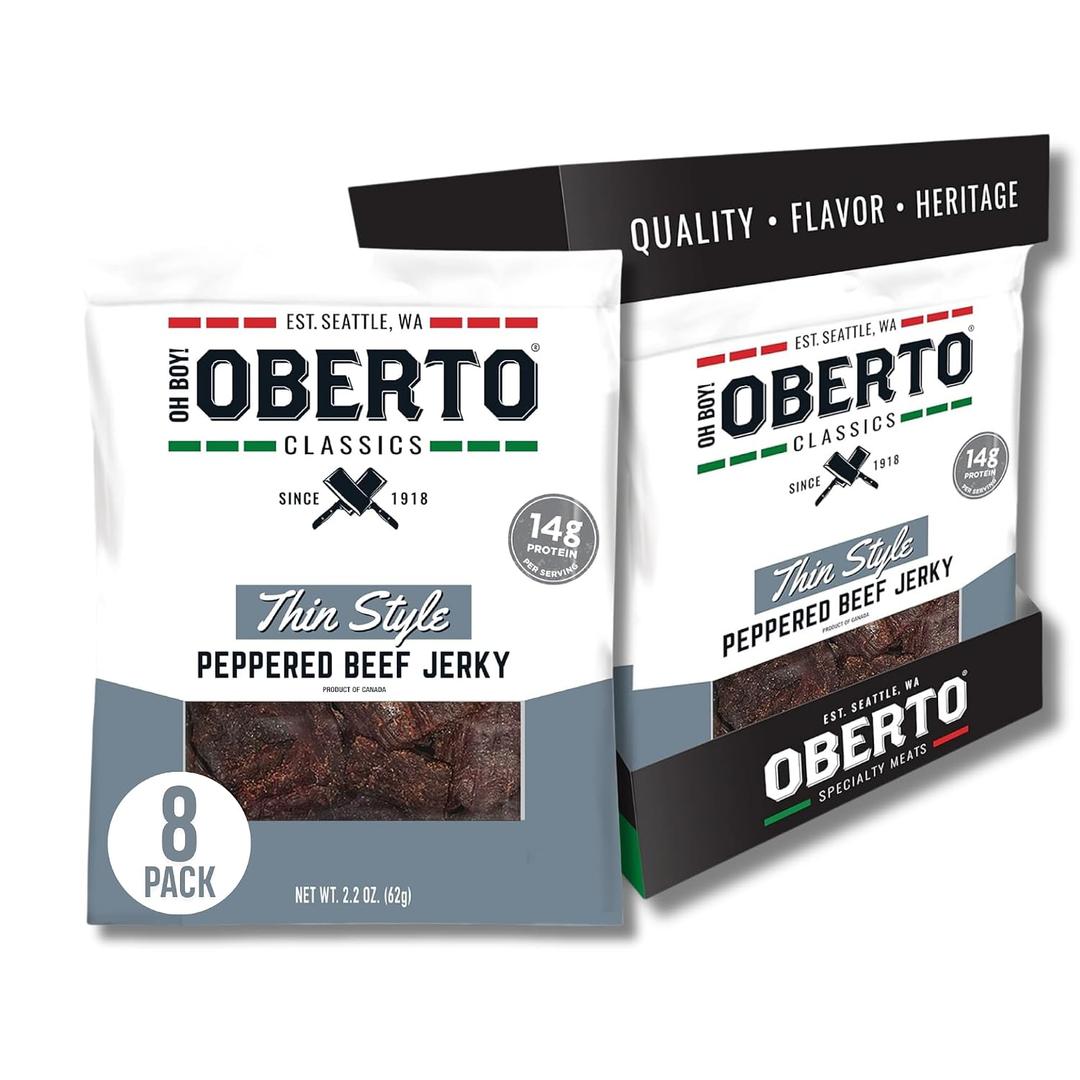 Oberto Classics Thin Style Beef Jerky, Peppered Flavor, No Artificial Ingredients, High Protein, Gluten Free, Wood Smoked, Premium Steak Beef Jerky High Protein Snacks, 2.2 Ounce (Pack of 8) (EXP 06/02/26)