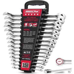 15-Piece Metric Combination Wrench Set, 822mm 12-Point Open End and Box End Wrench Kit with Organizer, Chrome Vanadium Steel Tools for Mechanics, Garages and Workshops