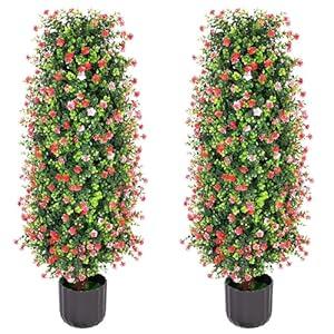 Sunnyglade 2 Packs Artificial Rose Tree 3FT- Fake Floral Plant Tree in Pot- Decorative Topiary Plant - Cement Filled Potted Faux Flower Plant for Home Office Porch Decor Indoor Outdoor Red