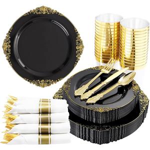 Hioasis 350pcs Black and Gold Plastic Plates with Gold Plastic Silverware include 50 10.25 Dinner Plates,50 7.5 Dessert Plates,50 Rolled Napkins with Cutlery,50 Cups for Weddings & Parties