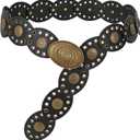 LEACOOLKEY Hollow Western Disc Belt for Dress Boho Concho Belt Vintage Country Waist Belts for Women (Black)