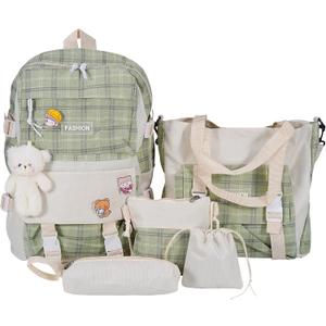5Pcs Canvas School Backpack Combo Set with Kawaii Bear Pendant Cute Pins Plaid Check Handle Shoulder Bag Schoolbag (Green)