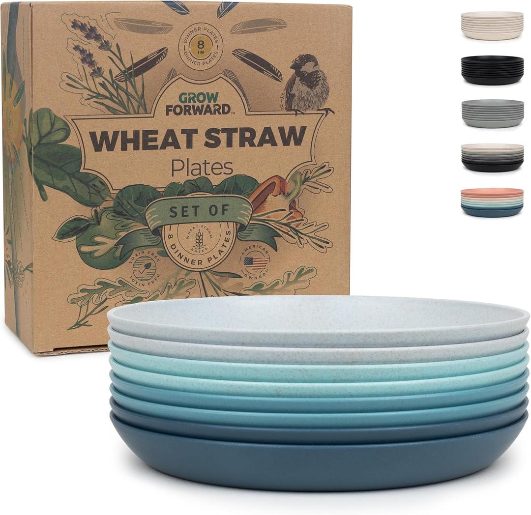 Grow Forward Premium Wheat Straw Plates - 8 Inch Reusable Hard Plastic Dinner Plates Set of 8 - Unbreakable Microwave Safe Plates for Dessert, Camping, RV, Outdoors, Patio, Kitchen Dishes - Seascape