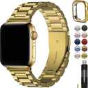 Fullmosa Metal Band Compatible with Apple Watch Bands 45mm 44mm 42mm, iWatch Band with Case for Apple Watch Series 9 8 7 6 5 4 3 2 1 SE3/2/1, Golden