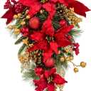Christmas Swag Pre-Lit Artificial Christmas Teardrop with Red Poinsettia Flower Golden Pine Cones Berries and Ball Ornaments Holiday Winter Decorations for Door Wall Mantel