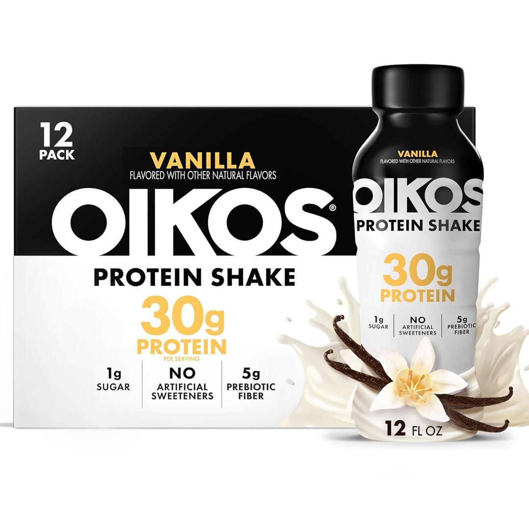 Oikos Protein Shake, Vanilla, 30g High Protein Drinks, Shelf Stable, Ready to Drink, 5g Prebiotic Fiber, 12 fl oz Bottle, 12 Count (EXP 01/04/28)