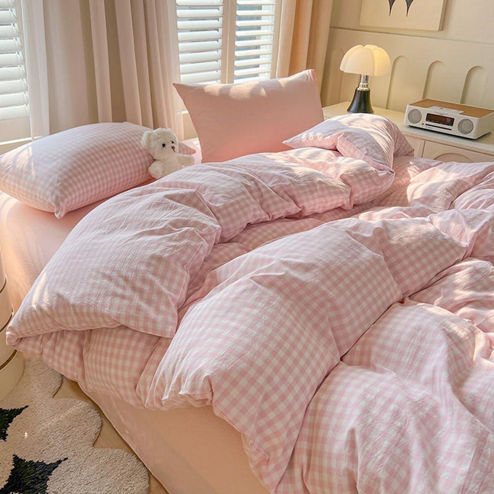 Nayoroom Gingham Duvet Cover Full Size Pink White Plaid Checkered Comforter Cover Grid Farmhouse Bedding Set 3 Pcs Soft Breathable Washed Microfiber Gifts for Women Men
