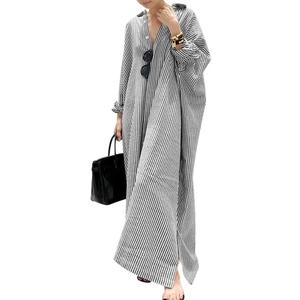 chouyatou Women's Casual Long Sleeve Button Down Loose Striped Cotton Maxi Shirt Dress (M)