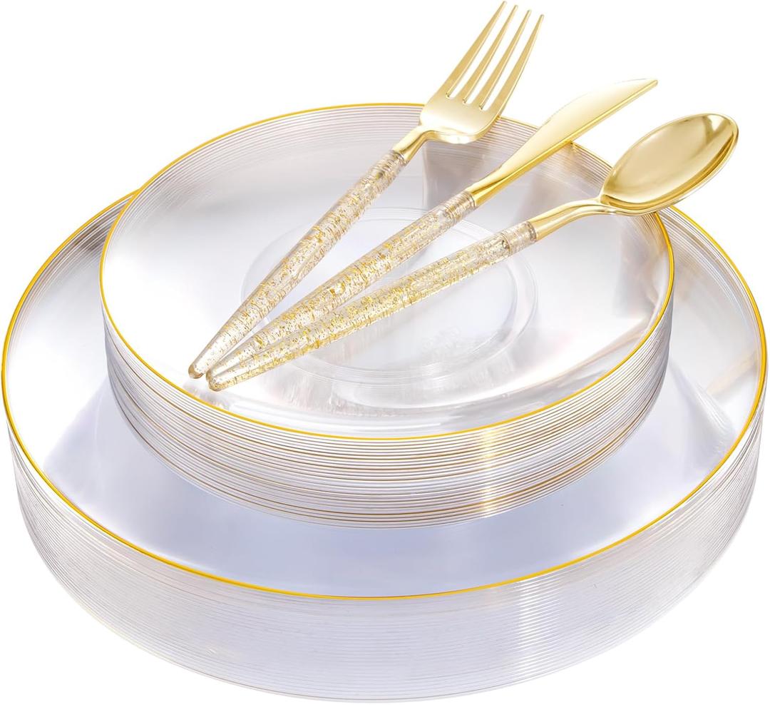 Liacere 150PCS Clear Gold Plastic Plates - Gold Plastic Silverware with Glitter Handle - Clear Disposable Plates Include 30 Guests Plates, Forks, Spoons, Knives for Wedding & Party&Chrismas (Round Style)