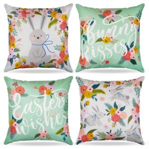 Prims & Flourish Easter Pillow Covers 18x18 Set of 4, Throw Pillow Covers, 4-Pack, 4 Designs, Floral Bunny Bliss, Green