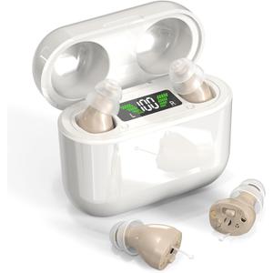 Hearing Aids with Long-Lasting Charging Case, Invisible Hearing Aids for Seniors with Smart Noise Cancellation, Completely-in-Canal Hearing Aid Devices, Easy Control (Beige)