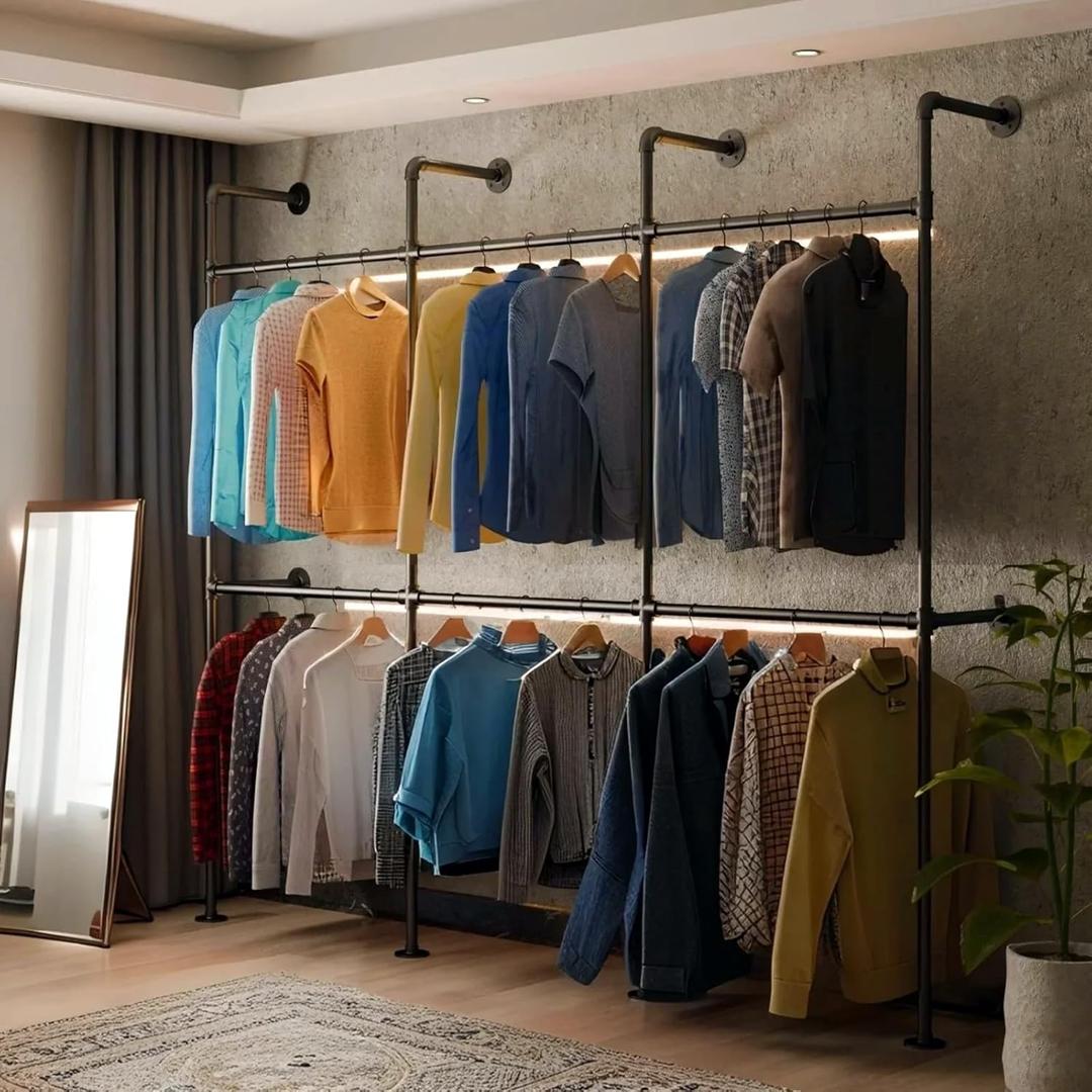 Industrial Pipe Black Clothing Racks Wall Mounted, Rustic Industrial Pipe Clothes Rack Design - Stylish & Heavy Duty Corner Garment Racks, Perfect for Home or Retail Display, Size: 6Rod-111.8"W