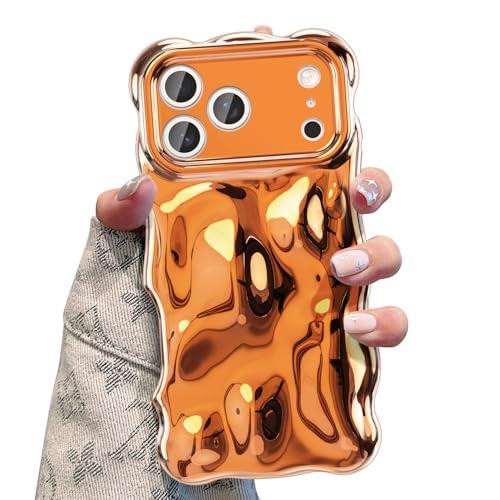 UEEBAI Ripple Case for iPhone 17 Pro Max, Cute Silver Cover Wave Shape for iPhone Case Pretty Aesthetic 3D Phone Cover, Water Ripple Shell 3D Chrome Design for Women and Girl, Silver Orange