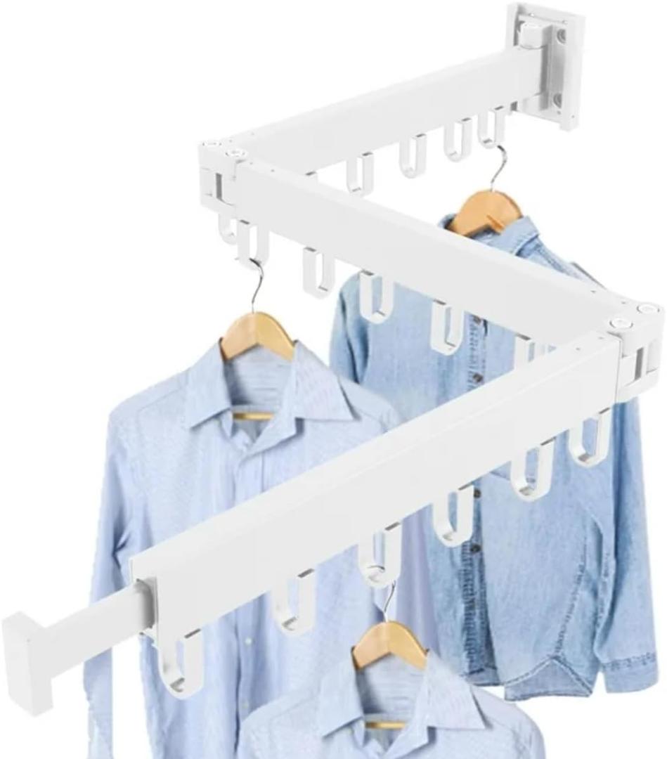 Clothes Drying Rack Wall Mounted Retractable, Aluminum Collapsible Laundry Organizer, Space-Saver Hanger Holds Quilts for Bedroom Bathroom Balcony (White)
