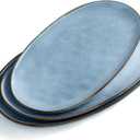 famiware Serving Platter, Oval 15.59/14.3/12.9 inch Serving Dishes for Entertaining, Serving Bowls, Microwave Safe, Stonware Serving Trays for Party, Turkey, Cheese, Ocean Series, Blue