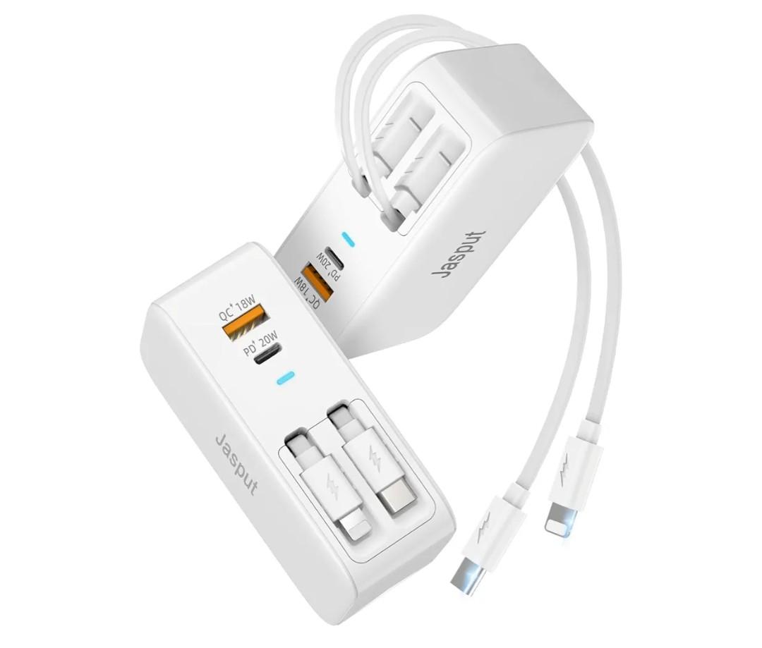 USB Wall Charger Block, Built-in Dual Retractable Cables 40W USB C Block Wall Plug with USB A/USB C Ports, Travel and PD Fast Charging for iPhone 17/16/15/14/13/12, Pad, Tablet