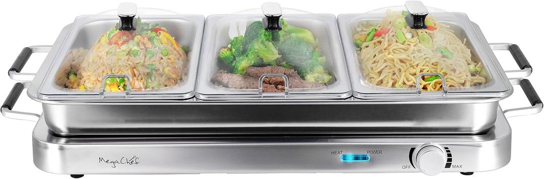 MegaChef 3-in-1 Electric Chaffing Buffet Server and Warming Tray with Triple 2.63 Quart Trays and 8.6 Quart Baking Pan
