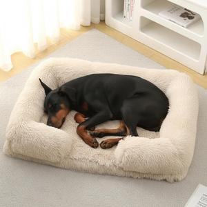 CareCooo Orthopedic Dog Bed for XXL Dogs Washable Memory Foam Pet Sofa, Fluffy Plush Rectangular Bed, Waterproof Anti-Anxiety Couch, Light Brown, XXL