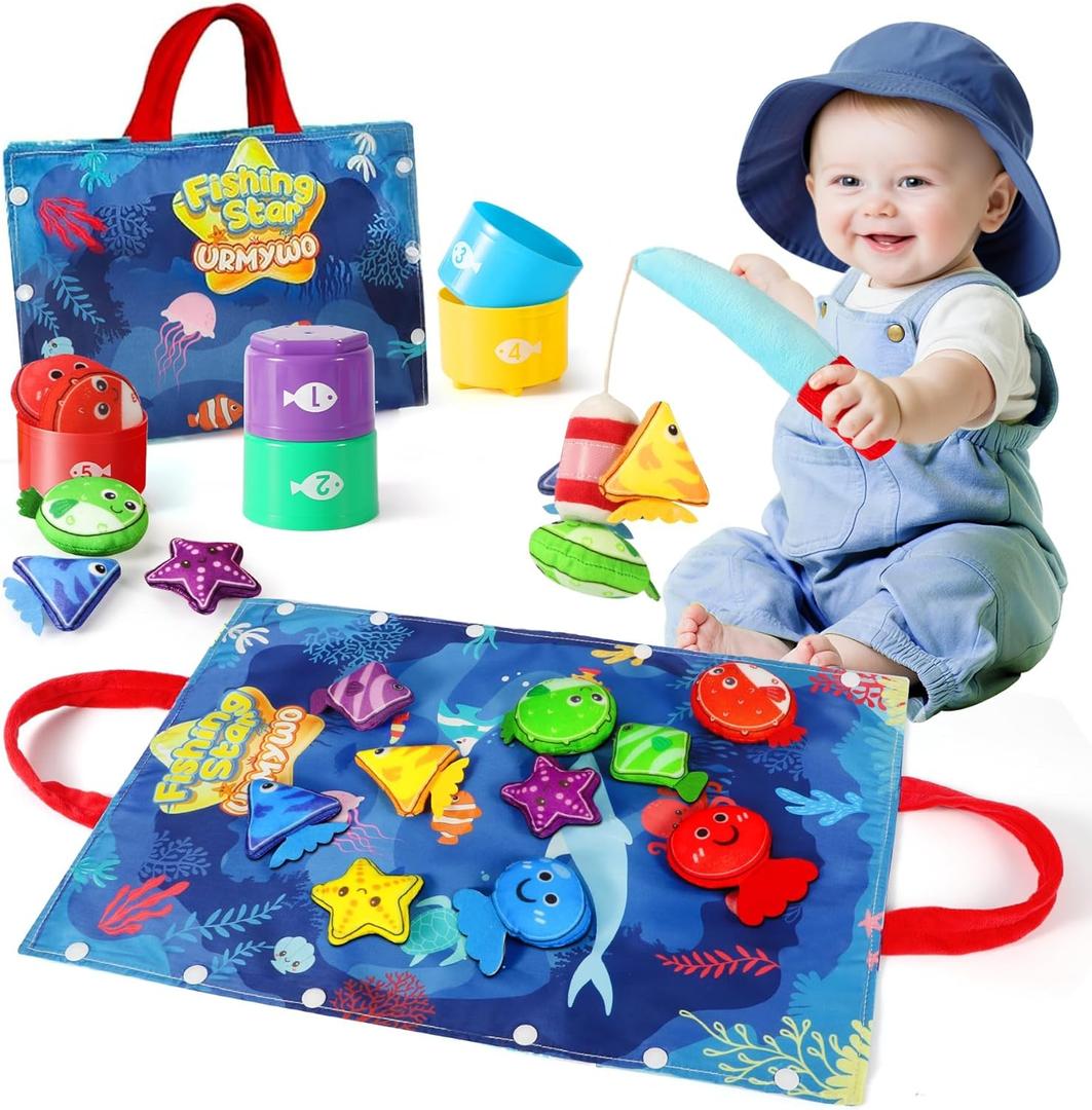 Montessori Toys for 1 Year Old Boy Girl Birthday Gift, 17 in 1 Cloth Fishing Game with Stacking Cups, Color Sorting, Shape Matching, Early Learning, Toddler Toys Gifts for 1 2 Years Old Boy Girl