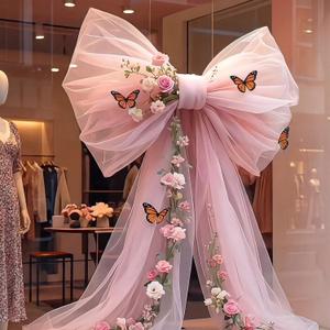 Giegxin Giant Pink Bow for Wedding Backdrop 28 x 98 Inch Extra Large Pink Bow Decor with 75 Inch Floral Artificial Flower Vine and Butterflies for Wedding Bridal Shower Arch Baby Shower Birthday Party