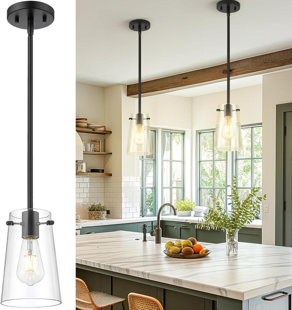 Beionxii Matte Black Pendant Light Fixtures, Pendant Lights Kitchen Island with Clear Glass, Modern Kitchen Pendant Lighting Over Island for Sink, Dining Room, Entryway, BX-PL03MB-CG (1 Pack)